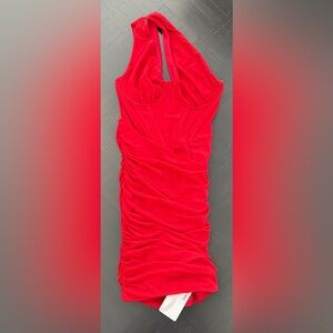 NWT Parthea Cold Shoulder, Corset Top  Ruched Mesh Bodycon Red Dress, Sz.XS